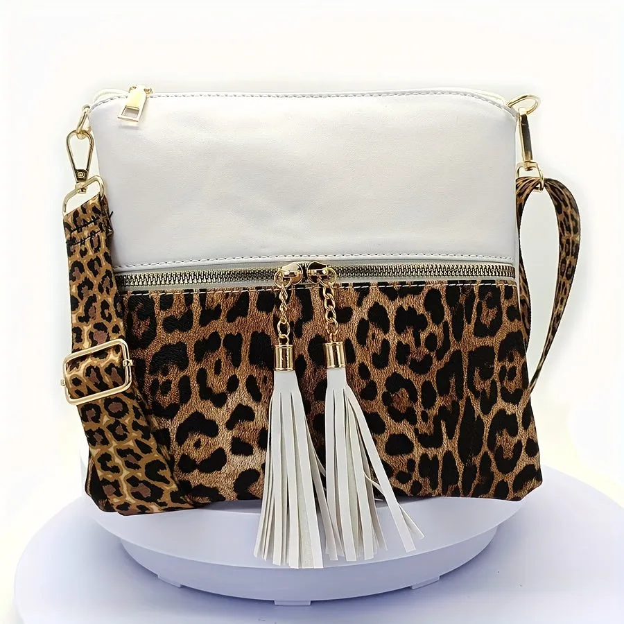 Stylish Leopard Print Tassel PU Crossbody Pouches - Adjustable Removable Strap, Zipper Closure, Polyester Lining, Random Animal Print Design - Fashionable Womens Handbags for Everyday Use