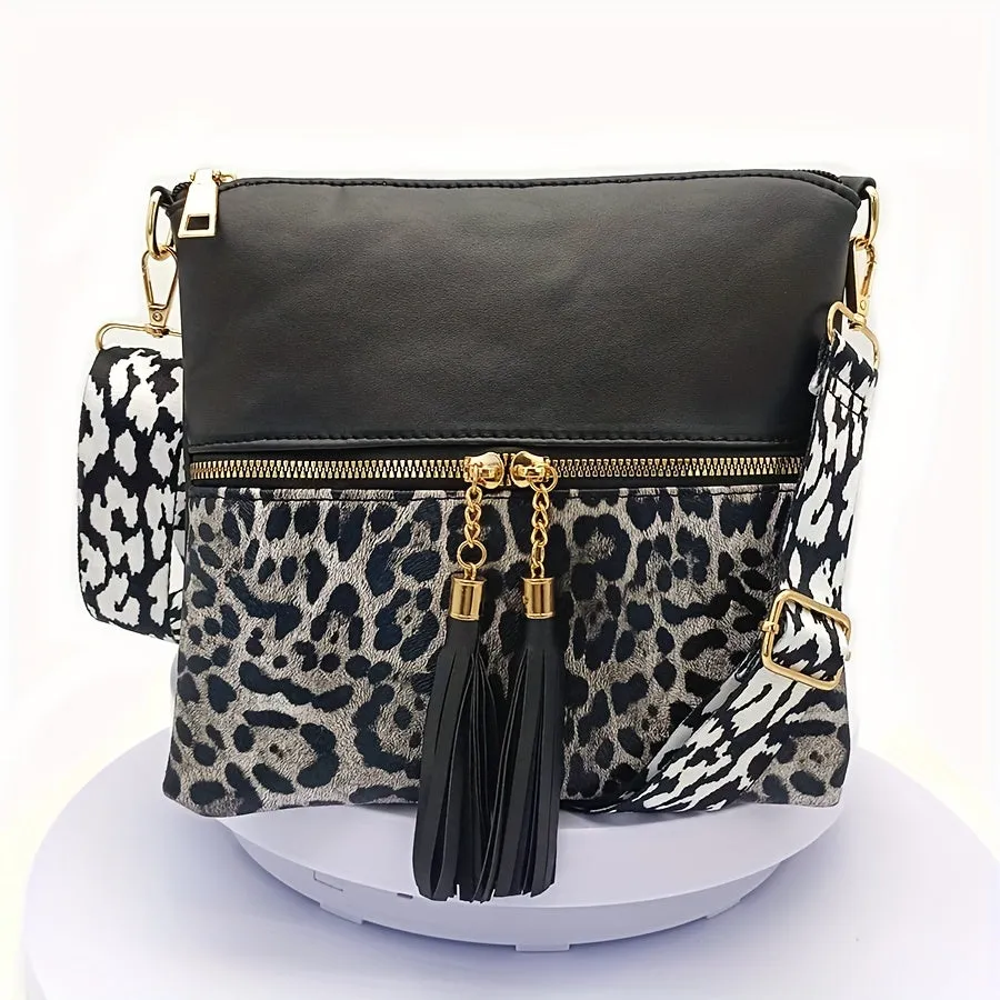 Stylish Leopard Print Tassel PU Crossbody Pouches - Adjustable Removable Strap, Zipper Closure, Polyester Lining, Random Animal Print Design - Fashionable Womens Handbags for Everyday Use