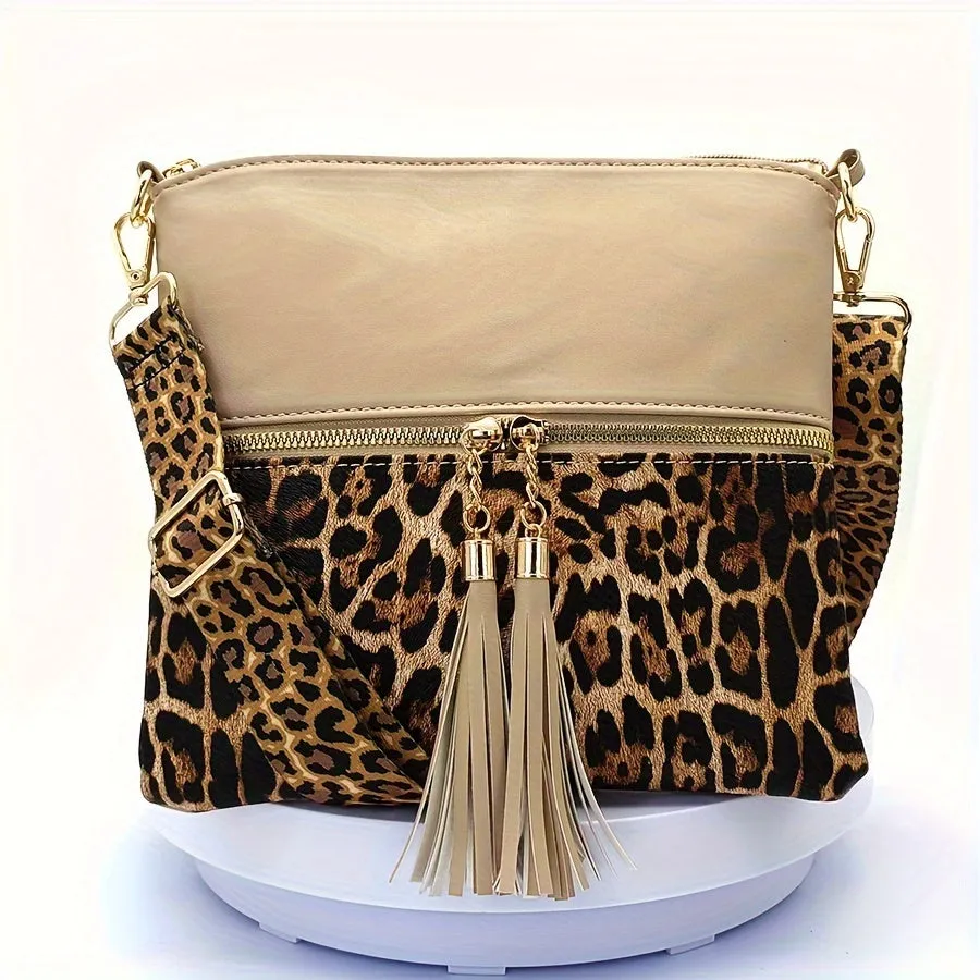 Stylish Leopard Print Tassel PU Crossbody Pouches - Adjustable Removable Strap, Zipper Closure, Polyester Lining, Random Animal Print Design - Fashionable Womens Handbags for Everyday Use