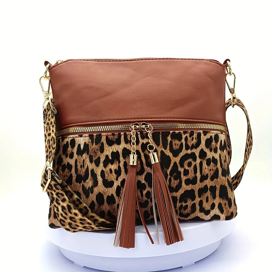 Stylish Leopard Print Tassel PU Crossbody Pouches - Adjustable Removable Strap, Zipper Closure, Polyester Lining, Random Animal Print Design - Fashionable Womens Handbags for Everyday Use