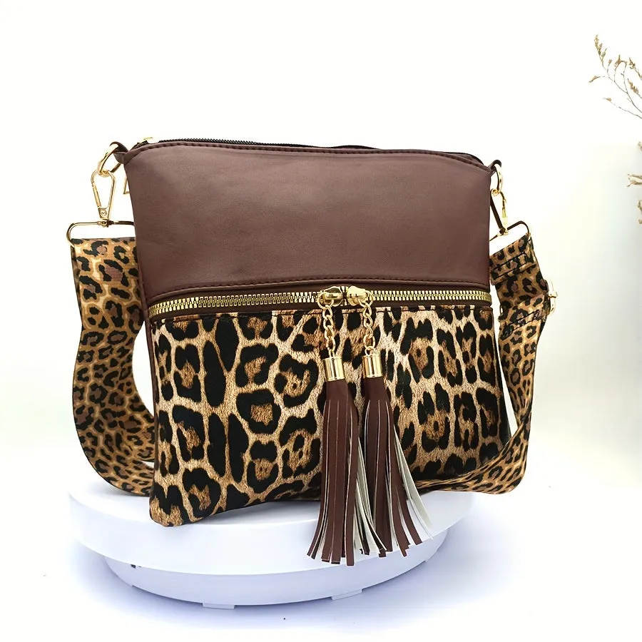 Stylish Leopard Print Tassel PU Crossbody Pouches - Adjustable Removable Strap, Zipper Closure, Polyester Lining, Random Animal Print Design - Fashionable Womens Handbags for Everyday Use