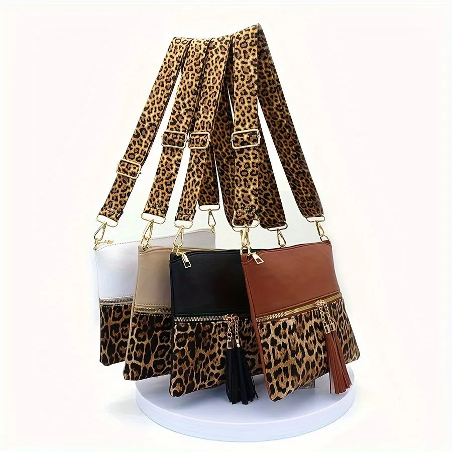 Stylish Leopard Print Tassel PU Crossbody Pouches - Adjustable Removable Strap, Zipper Closure, Polyester Lining, Random Animal Print Design - Fashionable Womens Handbags for Everyday Use