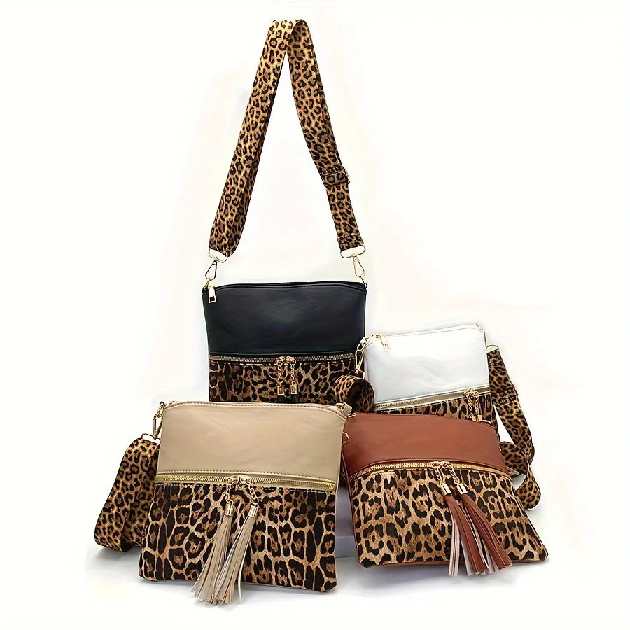 Stylish Leopard Print Tassel PU Crossbody Pouches - Adjustable Removable Strap, Zipper Closure, Polyester Lining, Random Animal Print Design - Fashionable Womens Handbags for Everyday Use