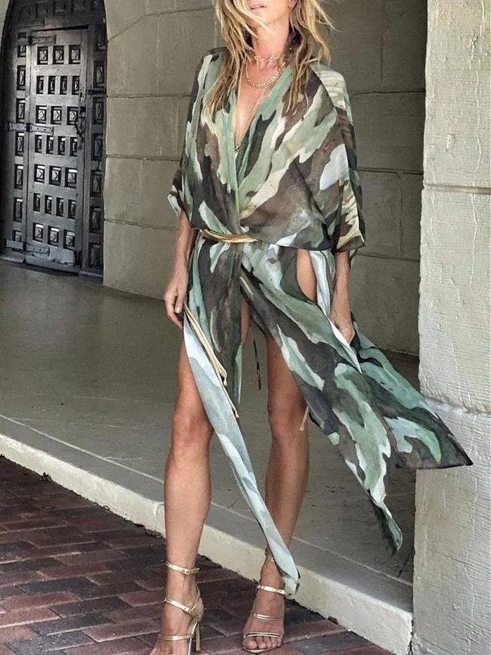 Summer Camo Print Deep V Neck  Split Hem Outfit for Women