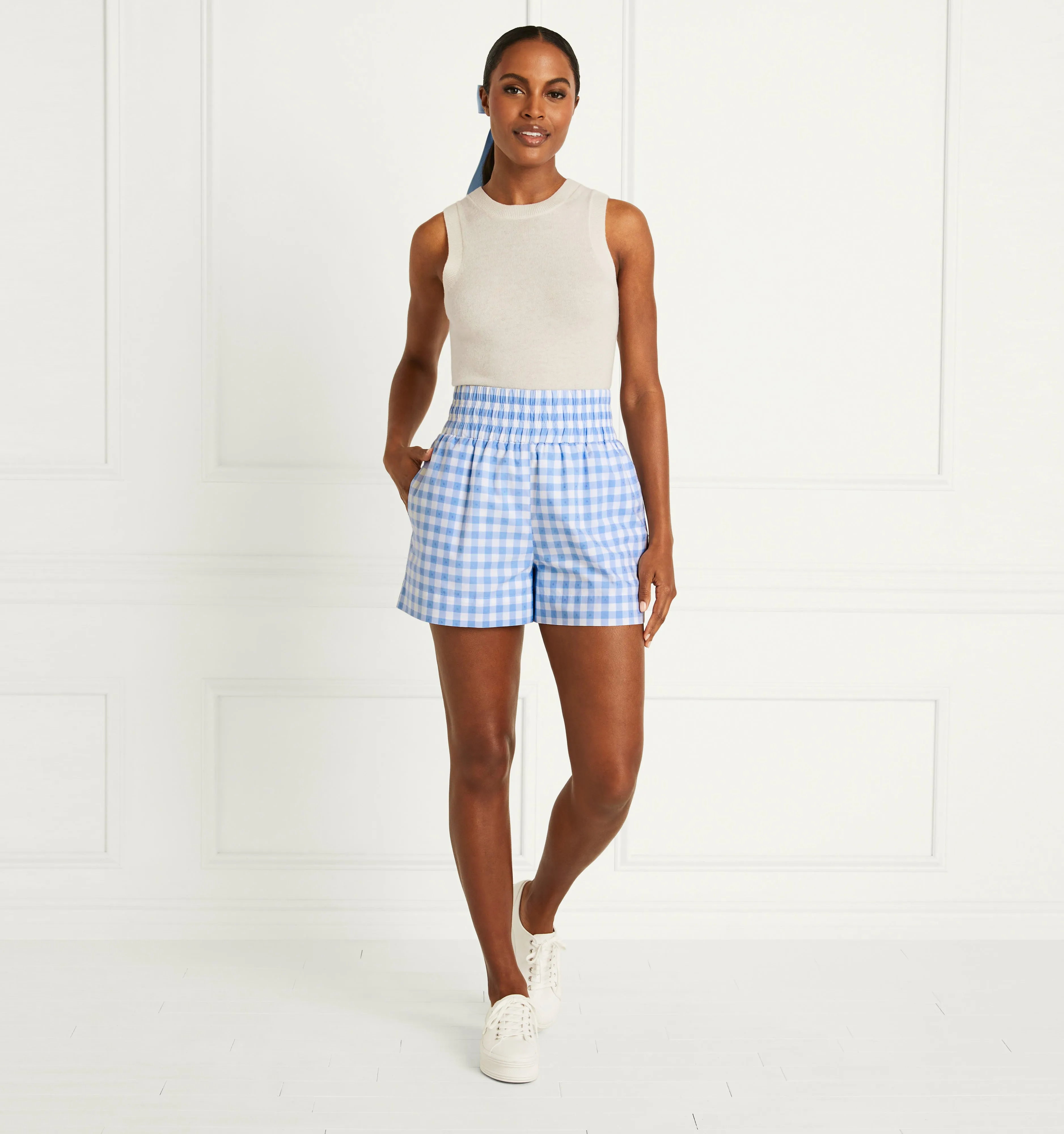 The Livie Nap Shorts - Blue Clip Dot Check