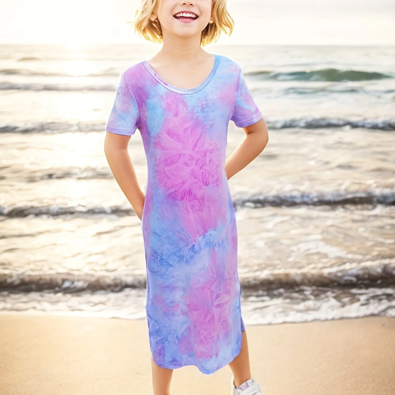 Vibrant Tie Dye Short Sleeve Slim Midi Dress for Girls - Casual, Comfortable, and Stylish Holiday Wear - Perfect Summer Gift for Tweens and Teenagers