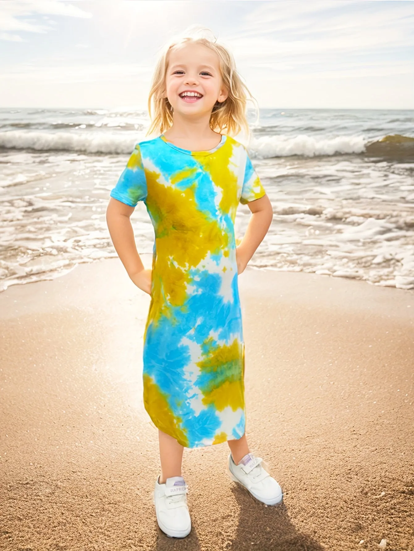 Vibrant Tie Dye Short Sleeve Slim Midi Dress for Girls - Casual, Comfortable, and Stylish Holiday Wear - Perfect Summer Gift for Tweens and Teenagers