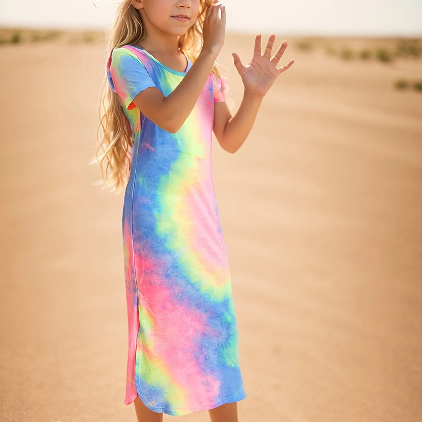 Vibrant Tie Dye Short Sleeve Slim Midi Dress for Girls - Casual, Comfortable, and Stylish Holiday Wear - Perfect Summer Gift for Tweens and Teenagers