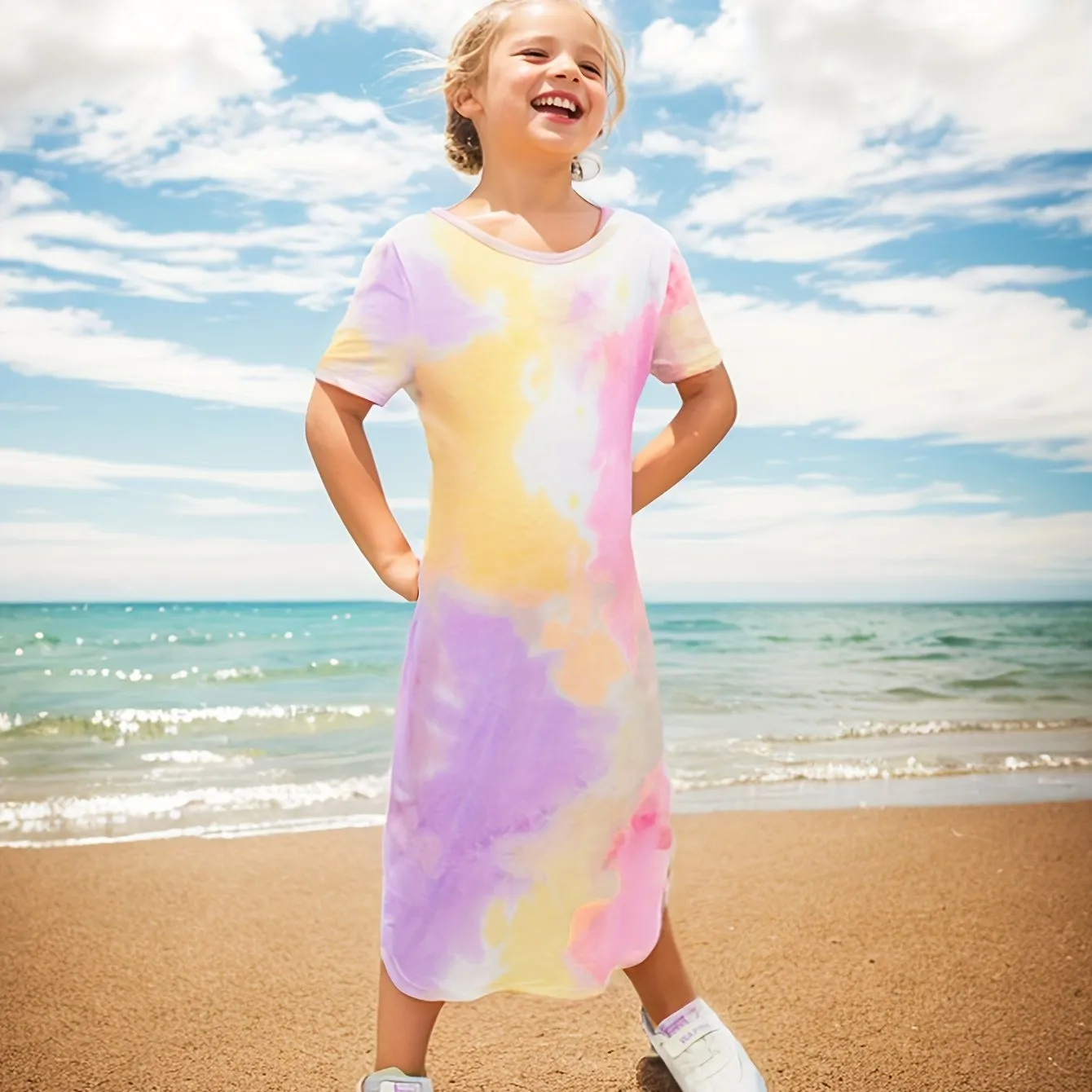 Vibrant Tie Dye Short Sleeve Slim Midi Dress for Girls - Casual, Comfortable, and Stylish Holiday Wear - Perfect Summer Gift for Tweens and Teenagers