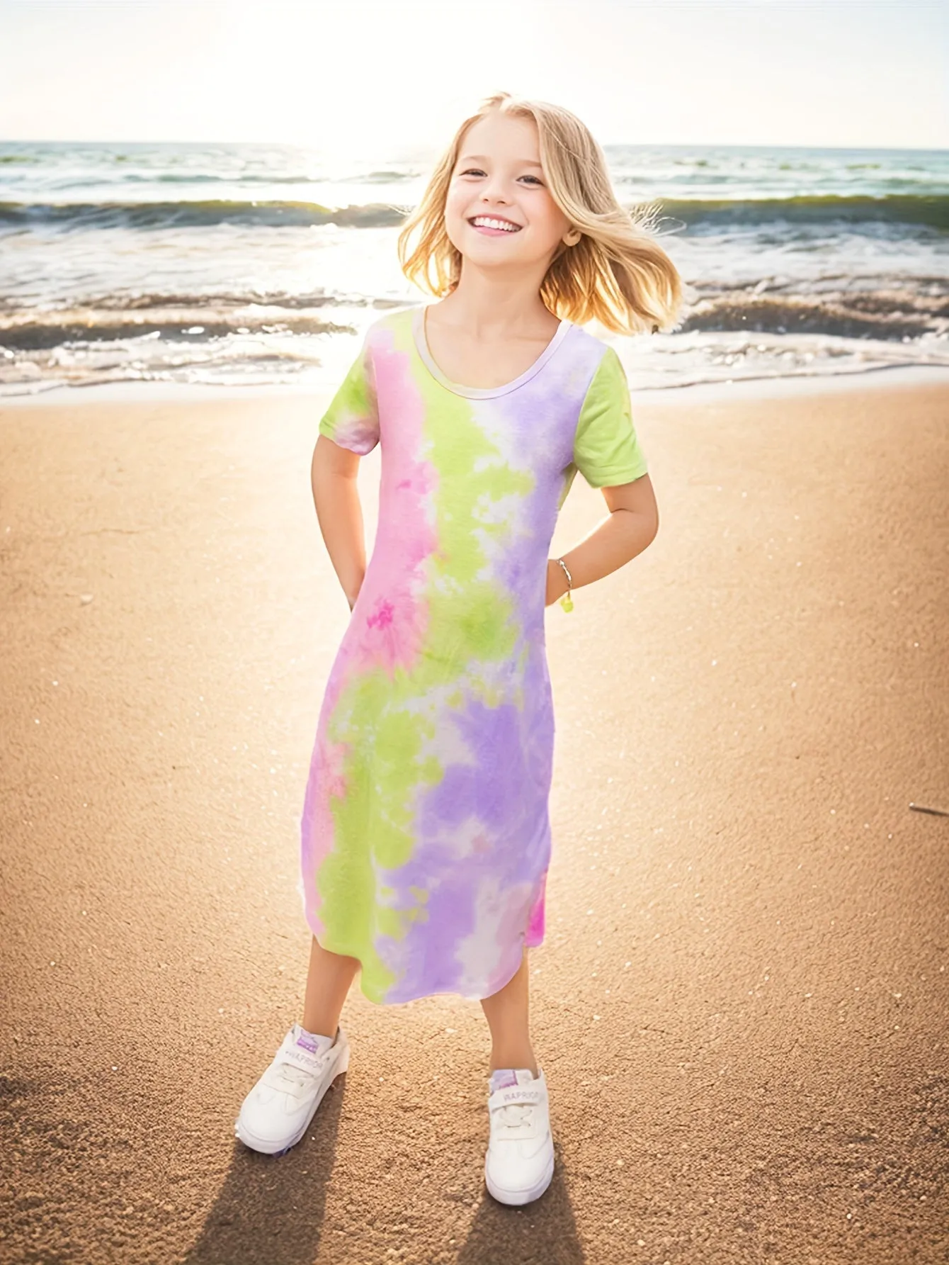 Vibrant Tie Dye Short Sleeve Slim Midi Dress for Girls - Casual, Comfortable, and Stylish Holiday Wear - Perfect Summer Gift for Tweens and Teenagers