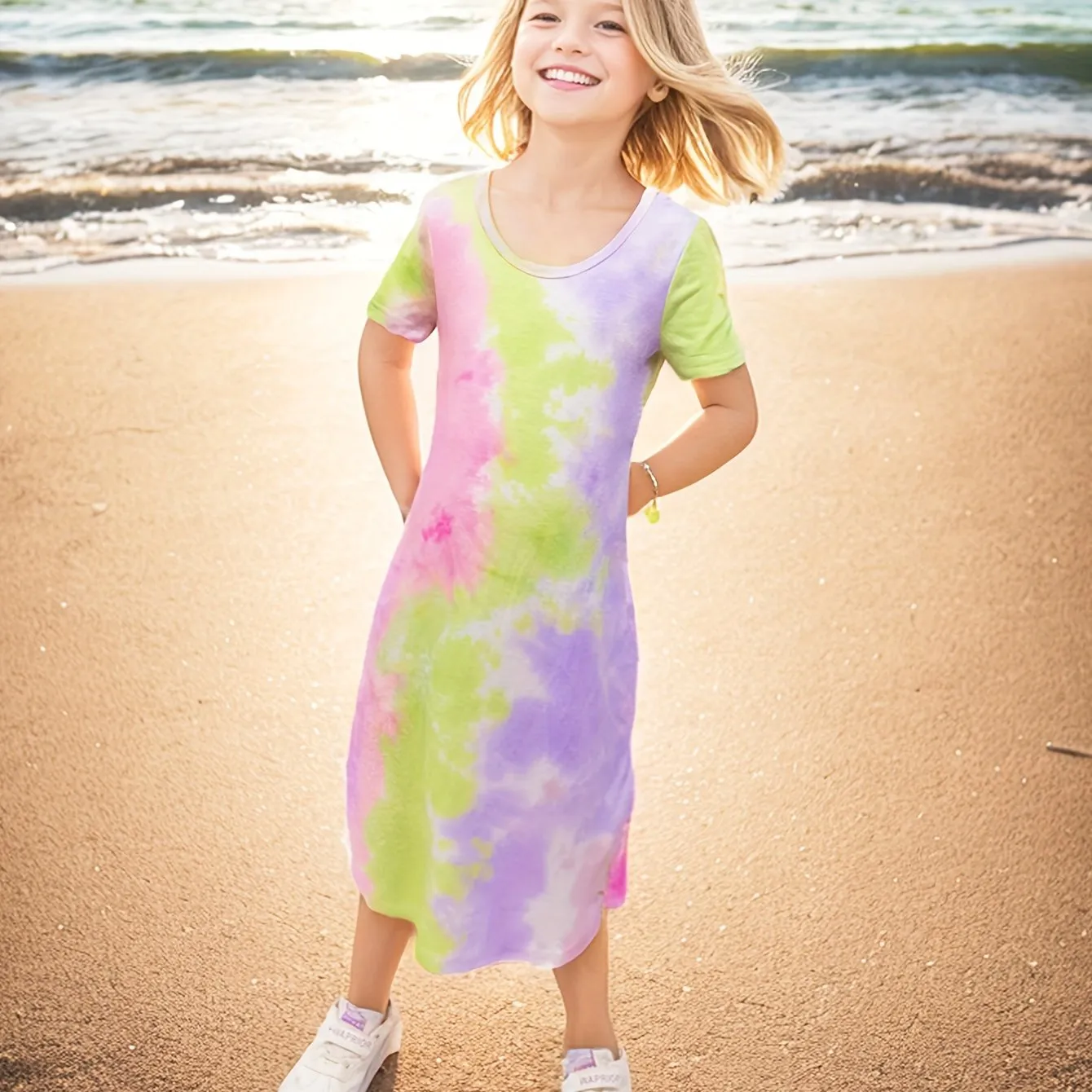 Vibrant Tie Dye Short Sleeve Slim Midi Dress for Girls - Casual, Comfortable, and Stylish Holiday Wear - Perfect Summer Gift for Tweens and Teenagers