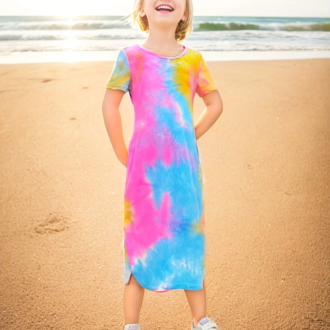 Vibrant Tie Dye Short Sleeve Slim Midi Dress for Girls - Casual, Comfortable, and Stylish Holiday Wear - Perfect Summer Gift for Tweens and Teenagers