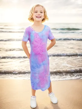 Vibrant Tie Dye Short Sleeve Slim Midi Dress for Girls - Casual, Comfortable, and Stylish Holiday Wear - Perfect Summer Gift for Tweens and Teenagers