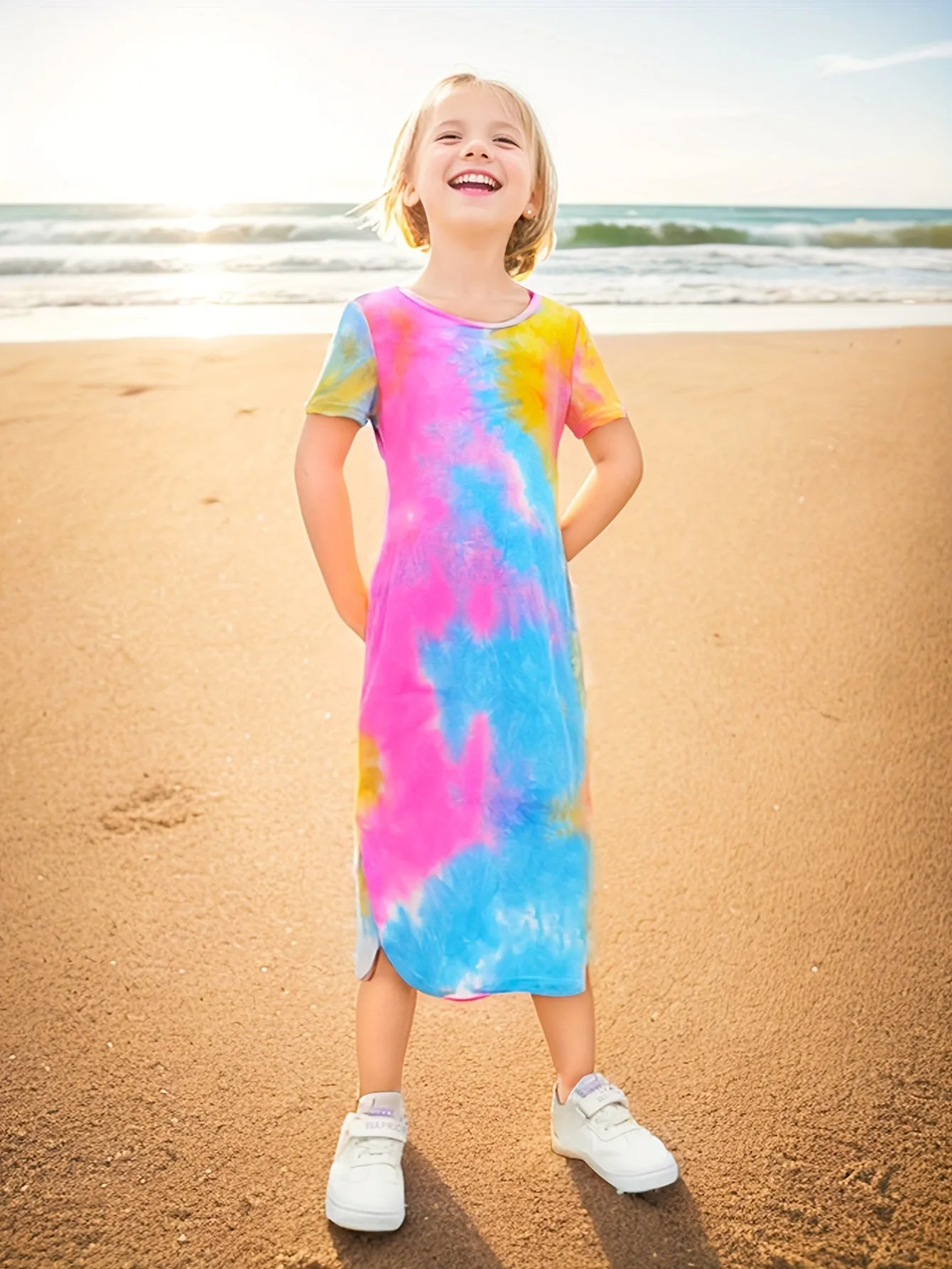 Vibrant Tie Dye Short Sleeve Slim Midi Dress for Girls - Casual, Comfortable, and Stylish Holiday Wear - Perfect Summer Gift for Tweens and Teenagers