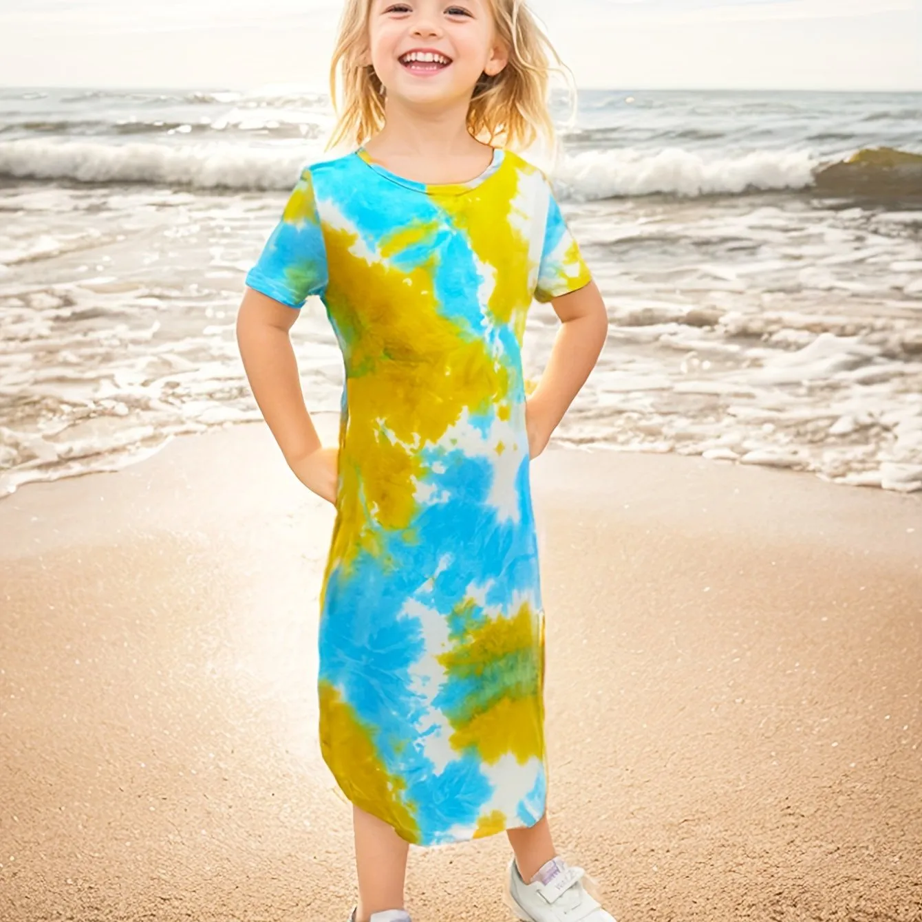 Vibrant Tie Dye Short Sleeve Slim Midi Dress for Girls - Casual, Comfortable, and Stylish Holiday Wear - Perfect Summer Gift for Tweens and Teenagers