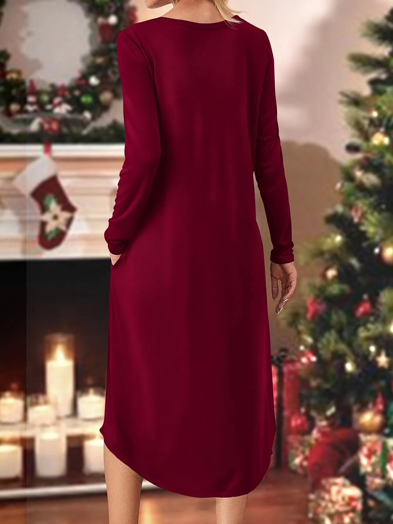 Women's Casual Long Sleeve Dress with Christmas Graphic Print & Pockets - Crew Neck, Mid-Length, Stretchy Polyester Blend for Fall/Winter, for Autumn