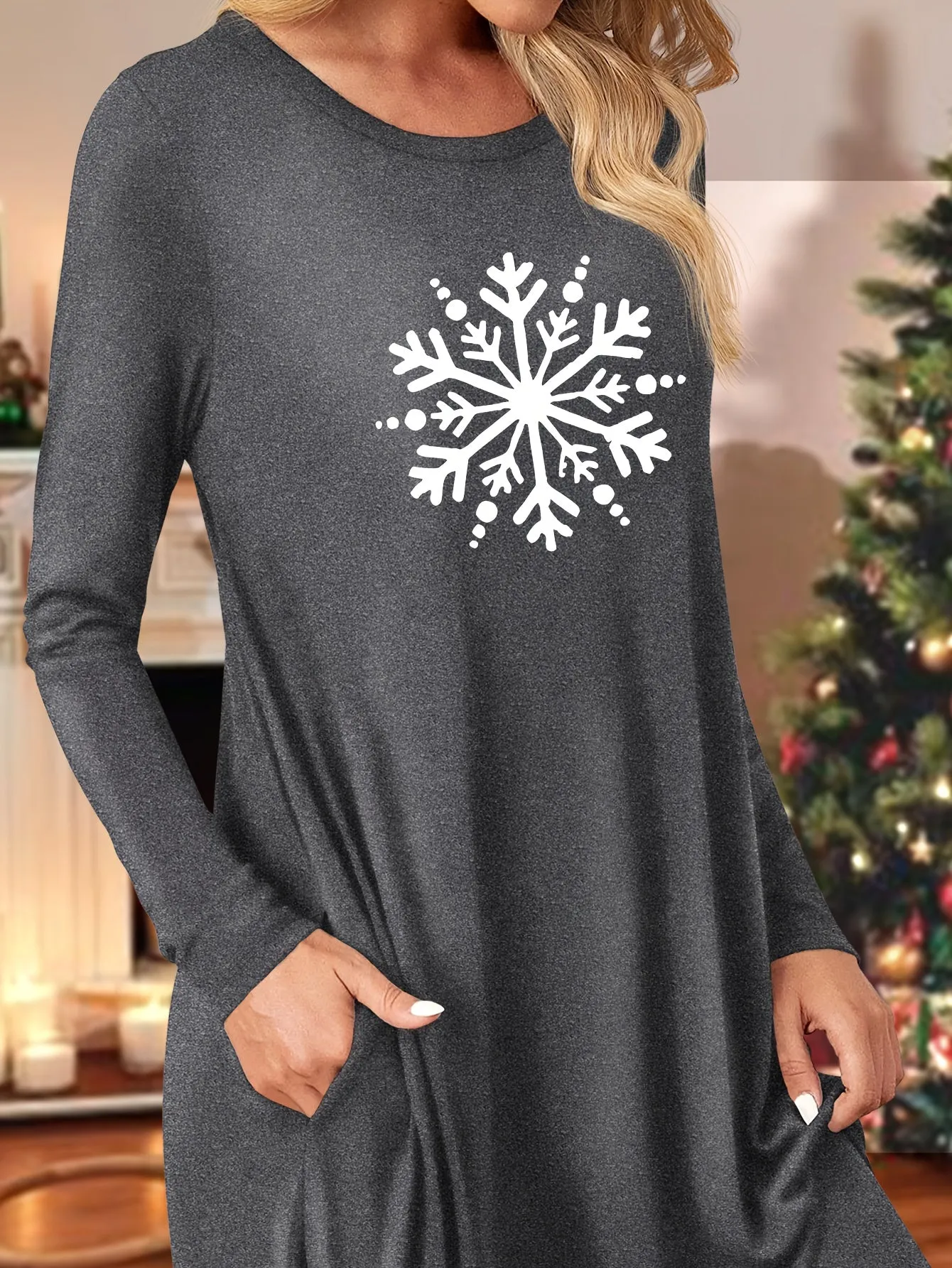 Women's Casual Long Sleeve Dress with Christmas Graphic Print & Pockets - Crew Neck, Mid-Length, Stretchy Polyester Blend for Fall/Winter, for Autumn