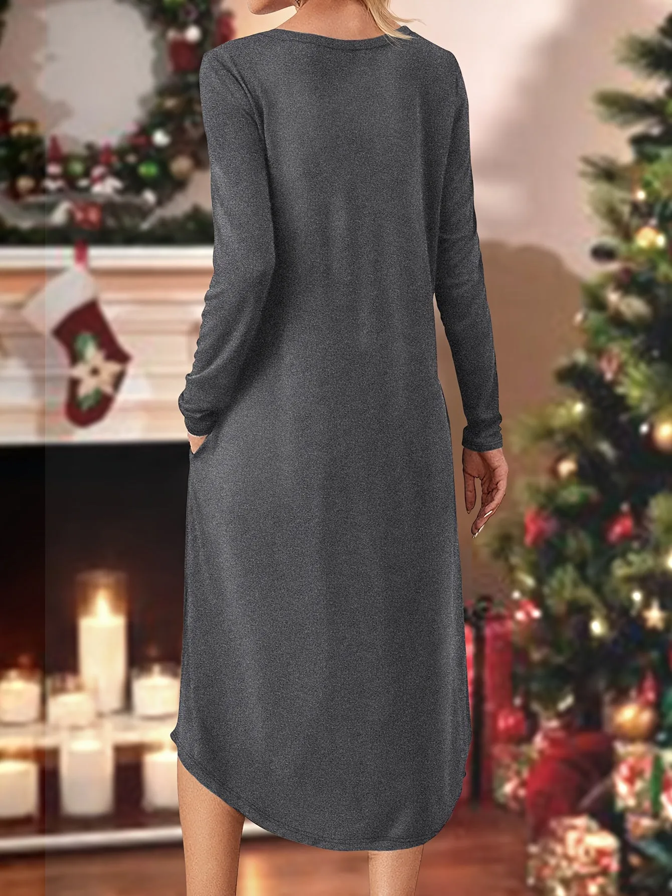 Women's Casual Long Sleeve Dress with Christmas Graphic Print & Pockets - Crew Neck, Mid-Length, Stretchy Polyester Blend for Fall/Winter, for Autumn