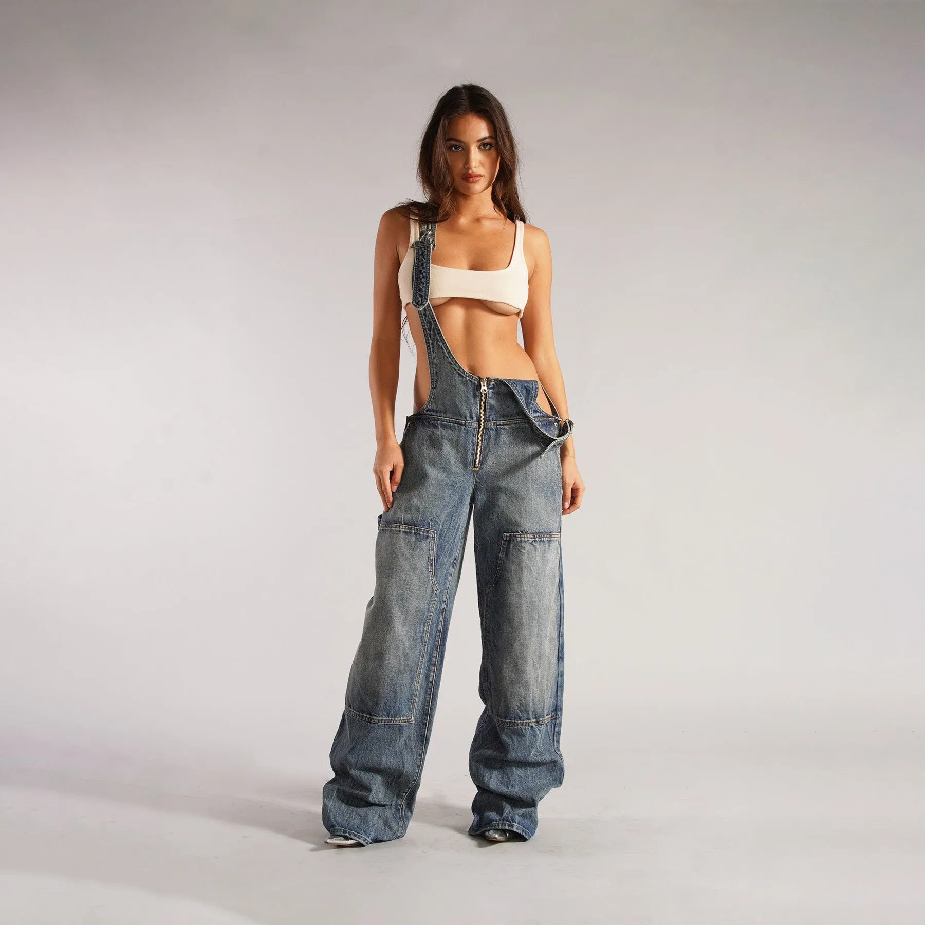 Zipper Denim Suspender Pants