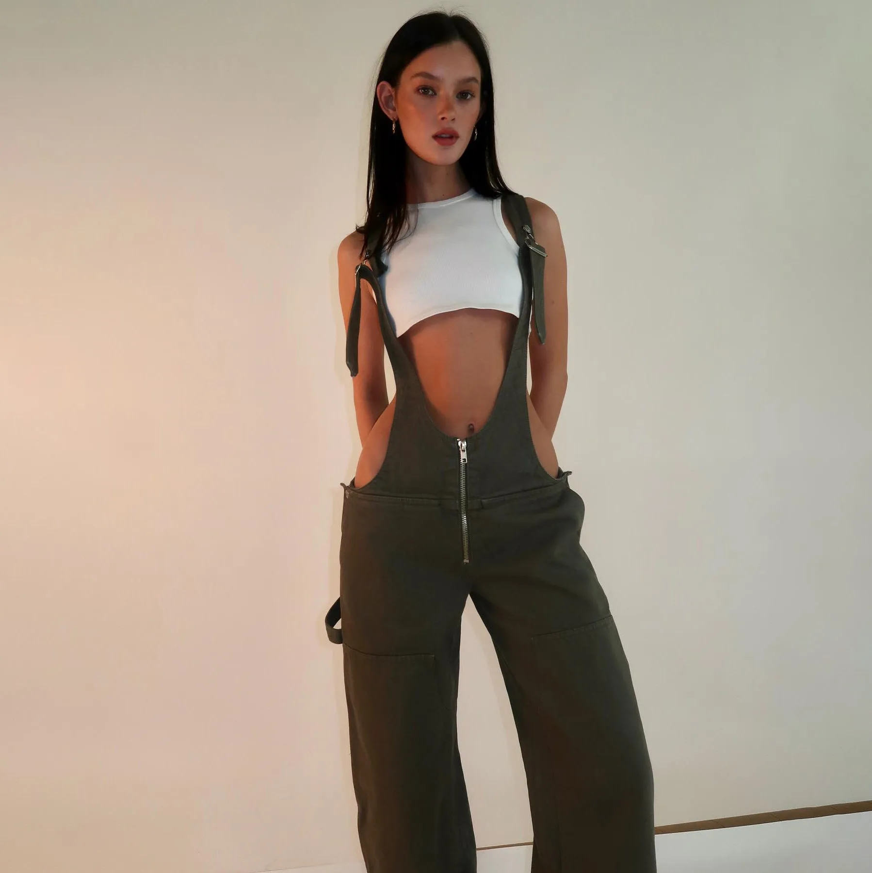 Zipper Denim Suspender Pants